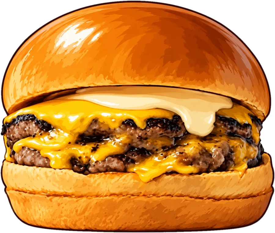 Ilustración de una hamburguesa doble ahumada con queso cheddar derretido en pan brioche